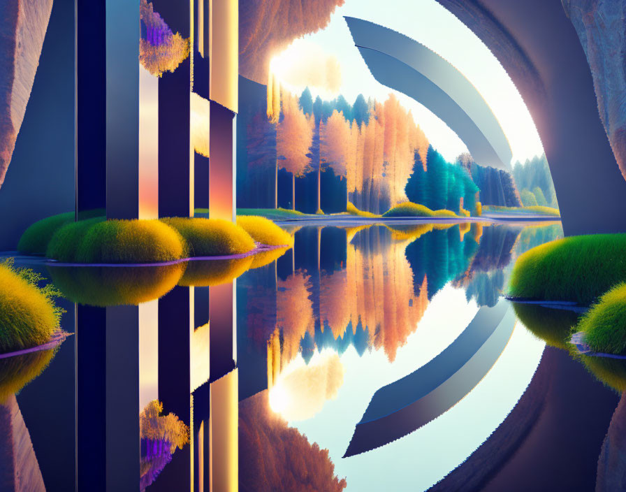 Mirrored trees and grass on tranquil lake with abstract structures in surreal landscape