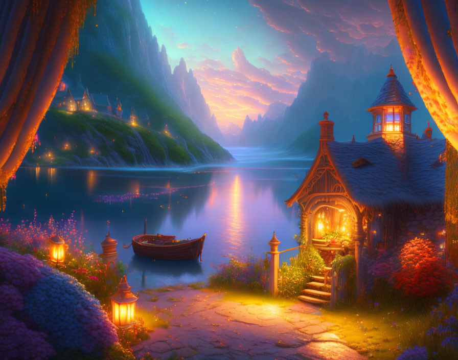 Tranquil twilight fantasy landscape with cottage, lake, flowers, boat, lanterns, starry