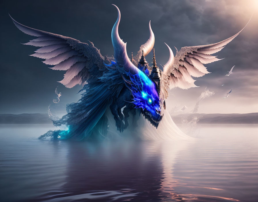 Mystical creature with wings and horned head glowing over serene water at dusk