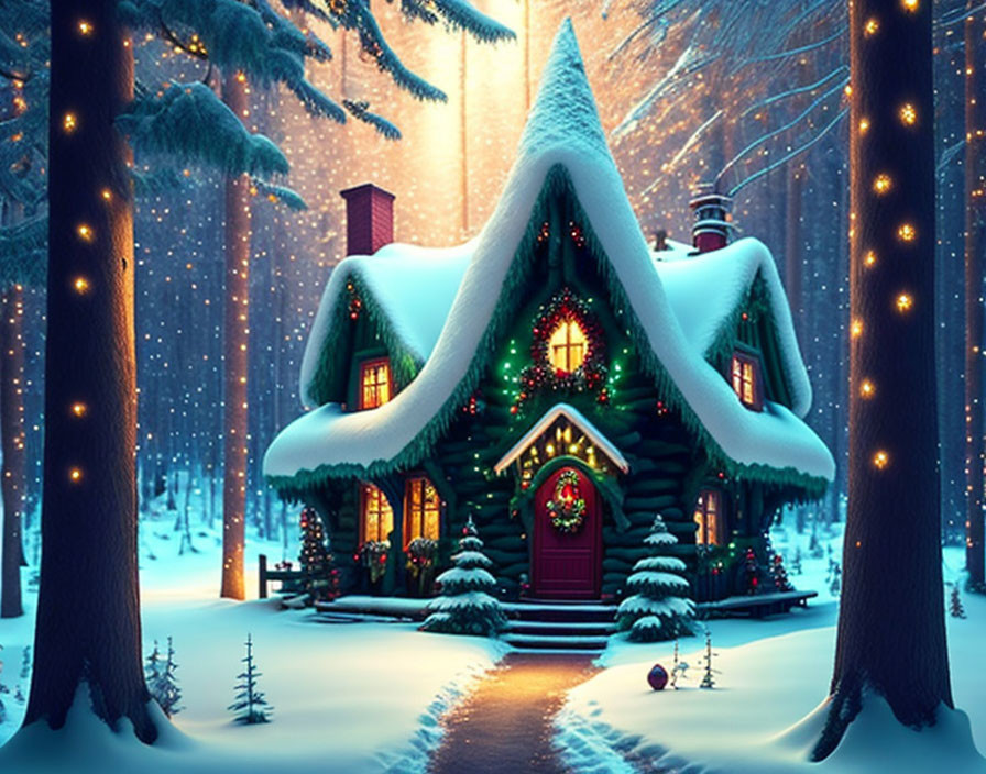 Snow-covered cottage with Christmas decorations in twilight snowfall