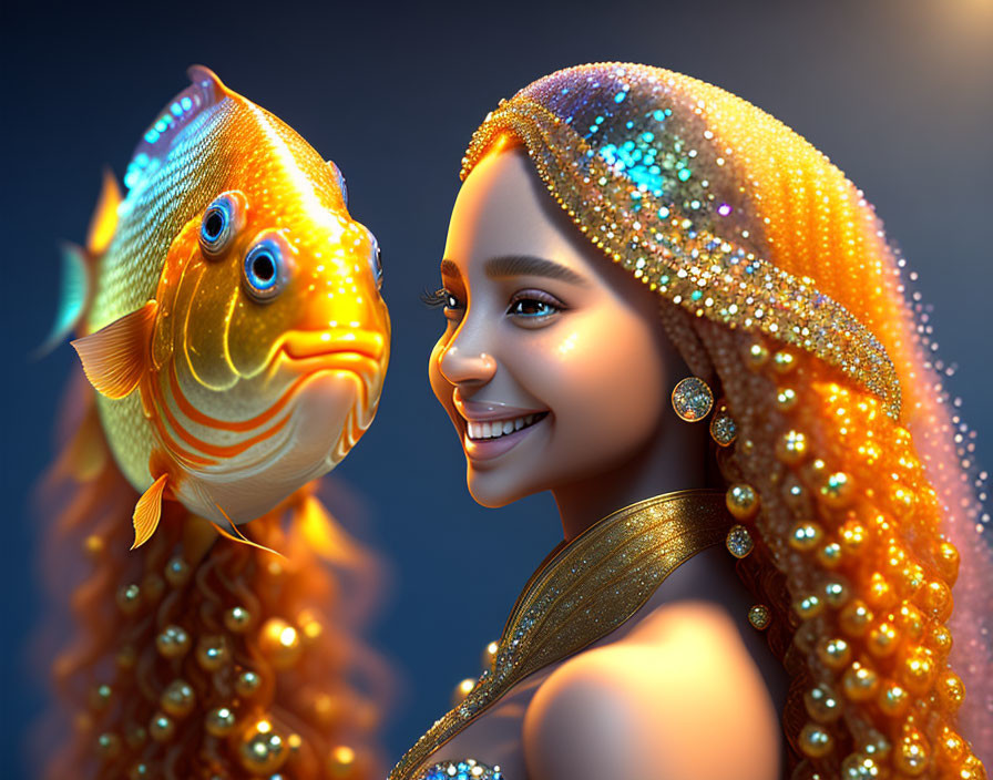 Smiling woman with jewel-encrusted hair and goldfish on blue background