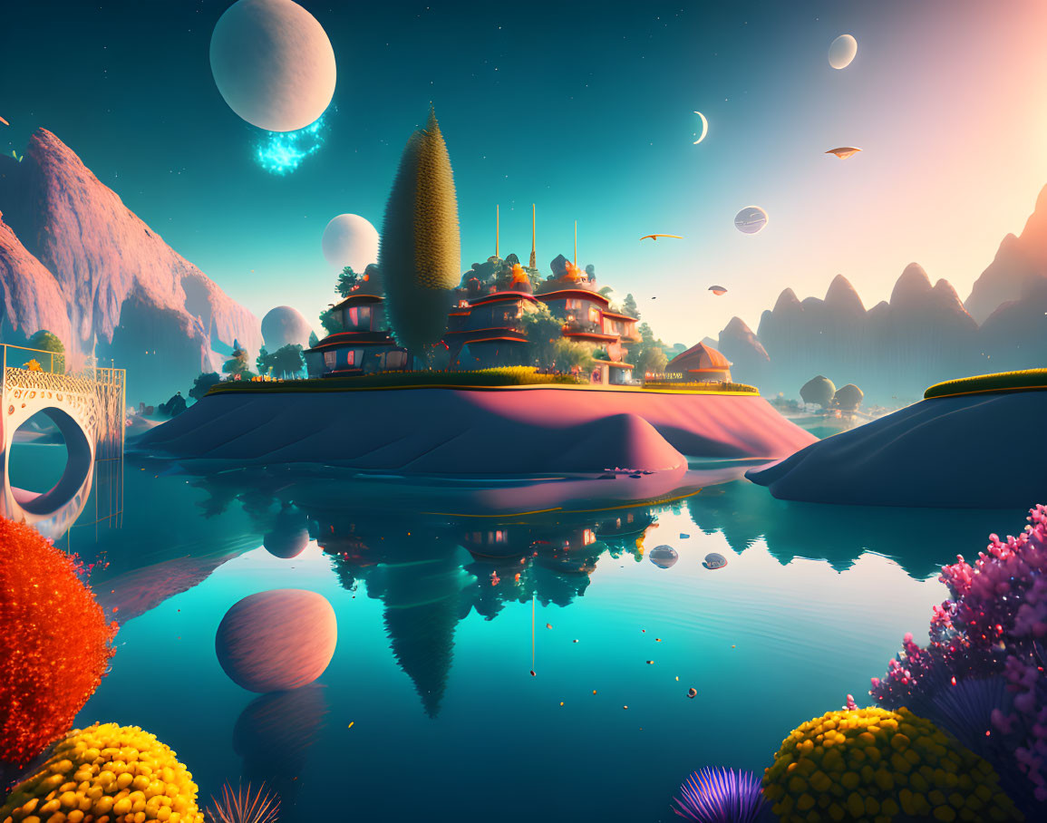 Futuristic landscape with reflective water and colorful flora