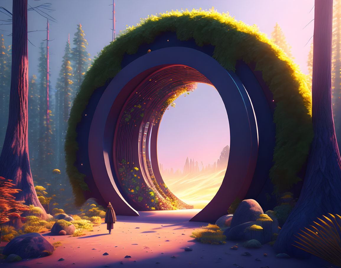 Person standing before enormous spiral portal in fantastical forest