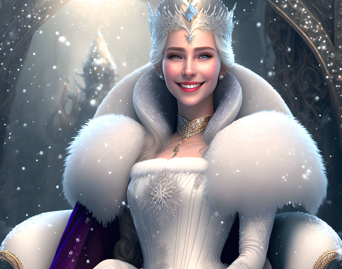 Smiling woman in regal snow queen attire in snowy setting