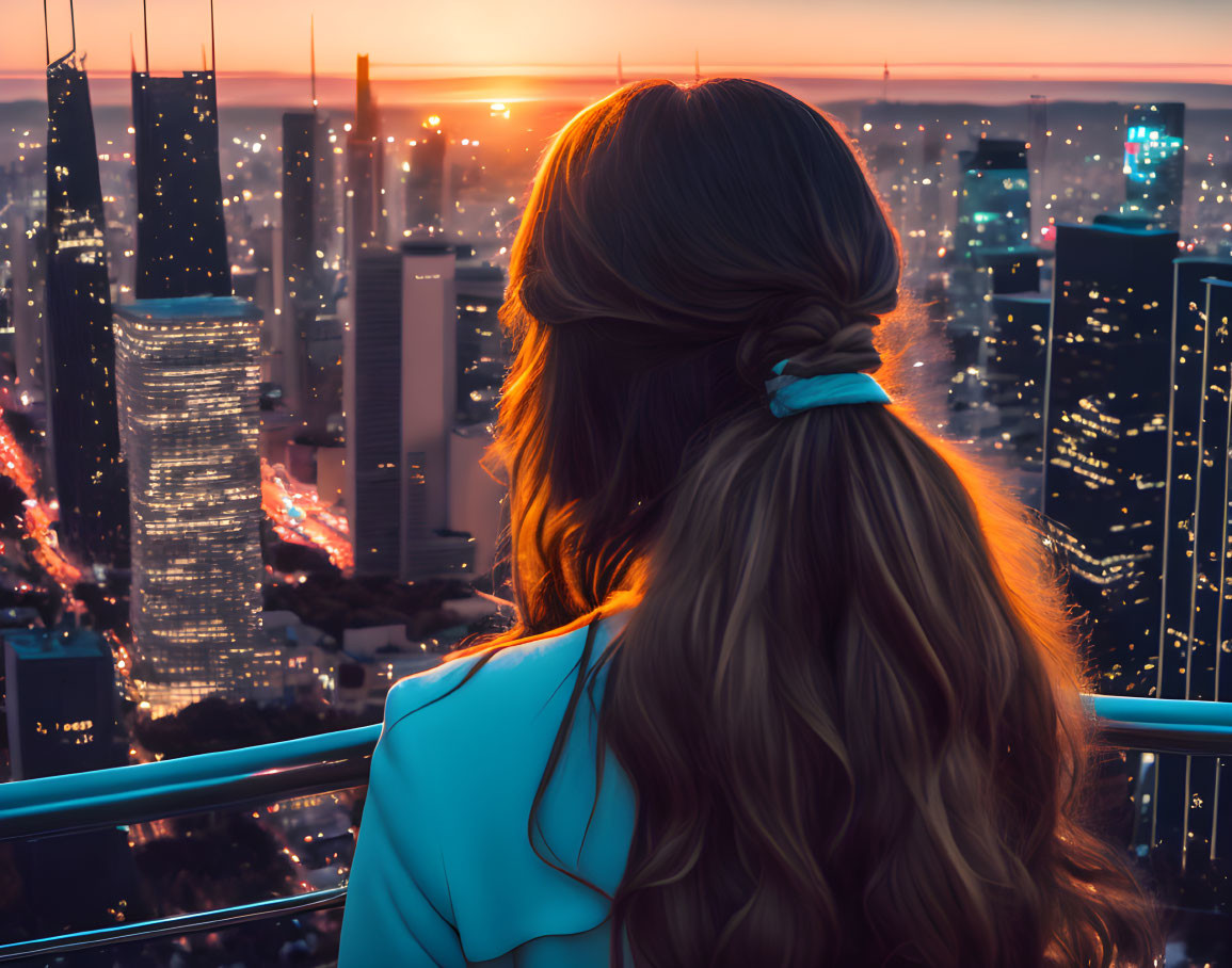 Long-haired person in ponytail gazes at cityscape during sunset.