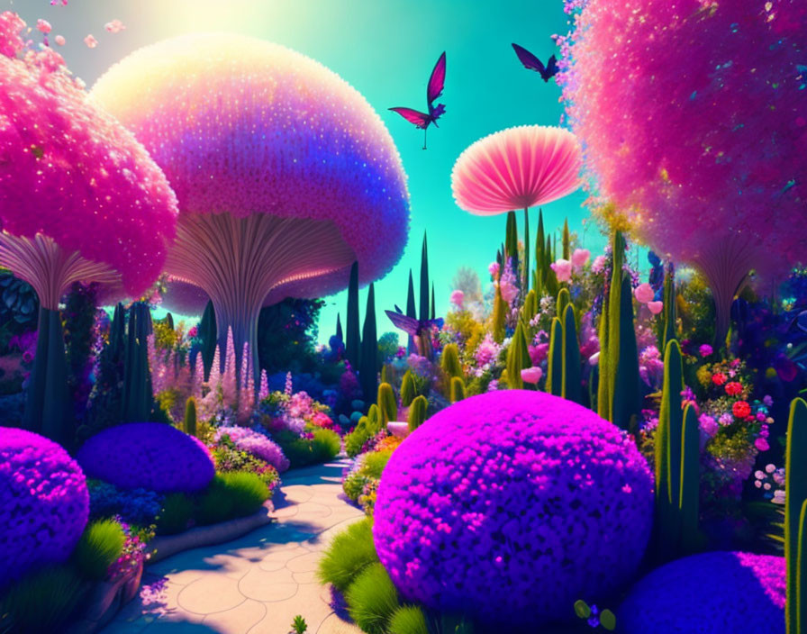 Colorful Fantasy Landscape with Oversized Mushrooms and Butterflies