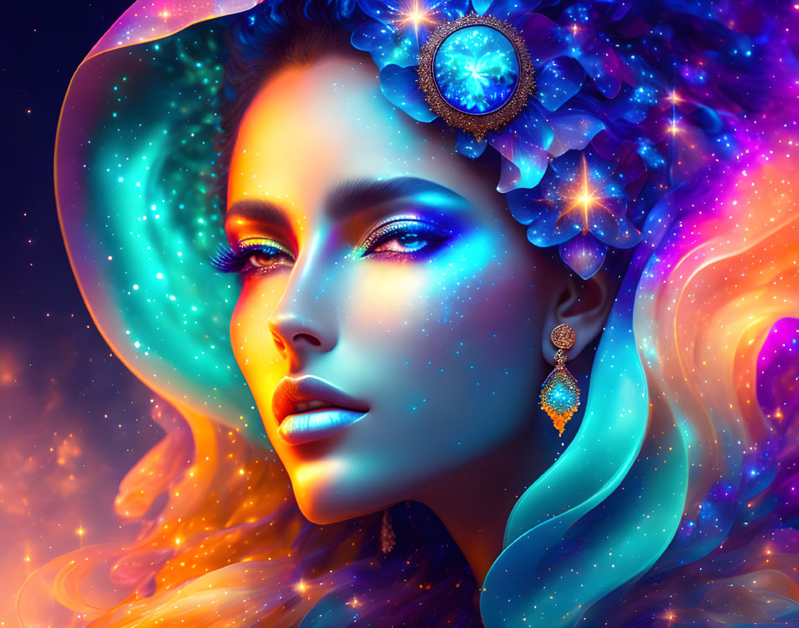 Colorful depiction of woman with cosmic makeup and jewelry on starry background