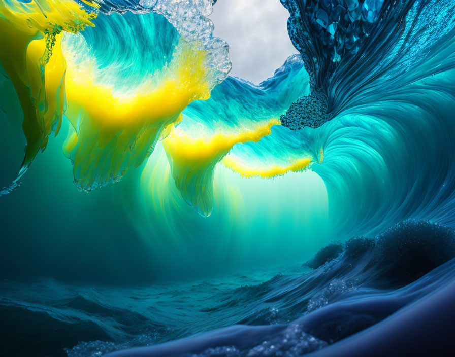 Ocean Wave with Sunlight Filtering Through in Blue and Yellow