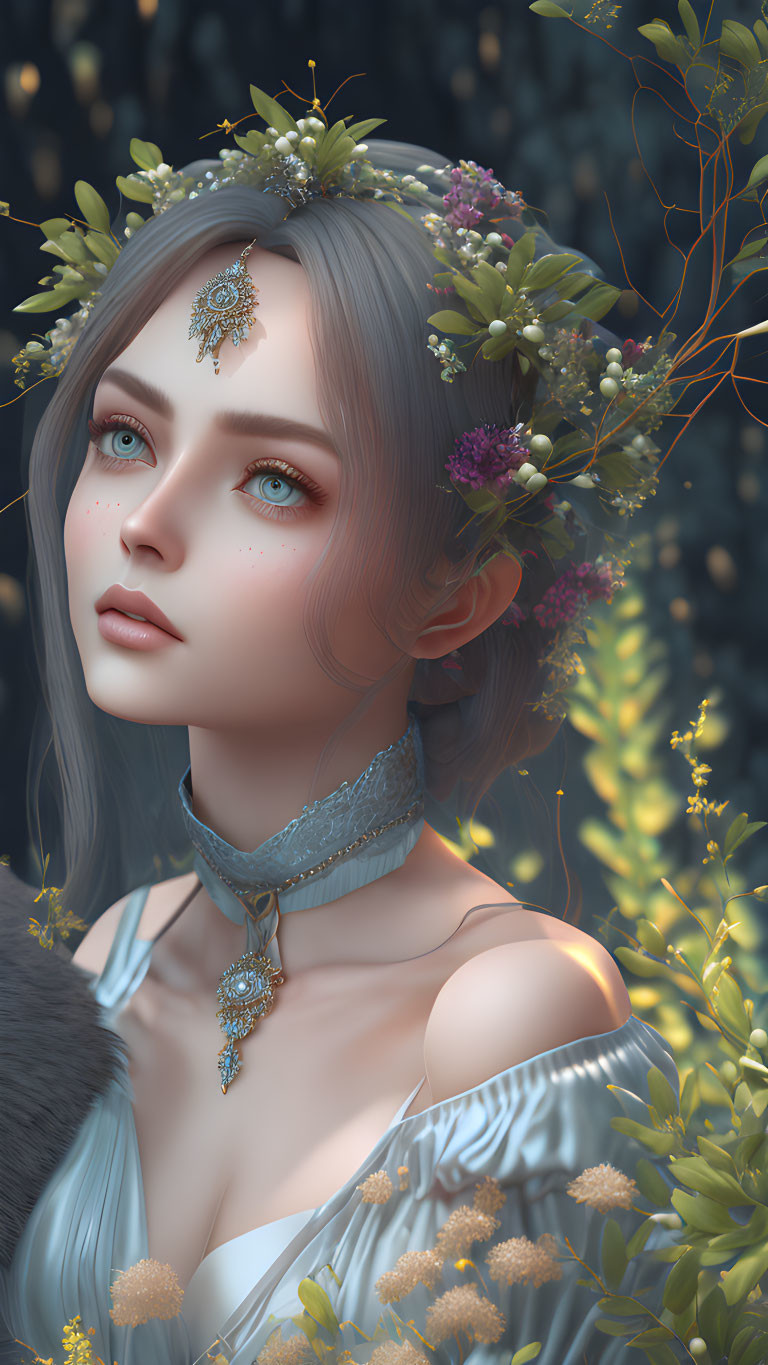 Digital portrait of female figure with blue eyes, floral crown, intricate jewelry, against dark floral background