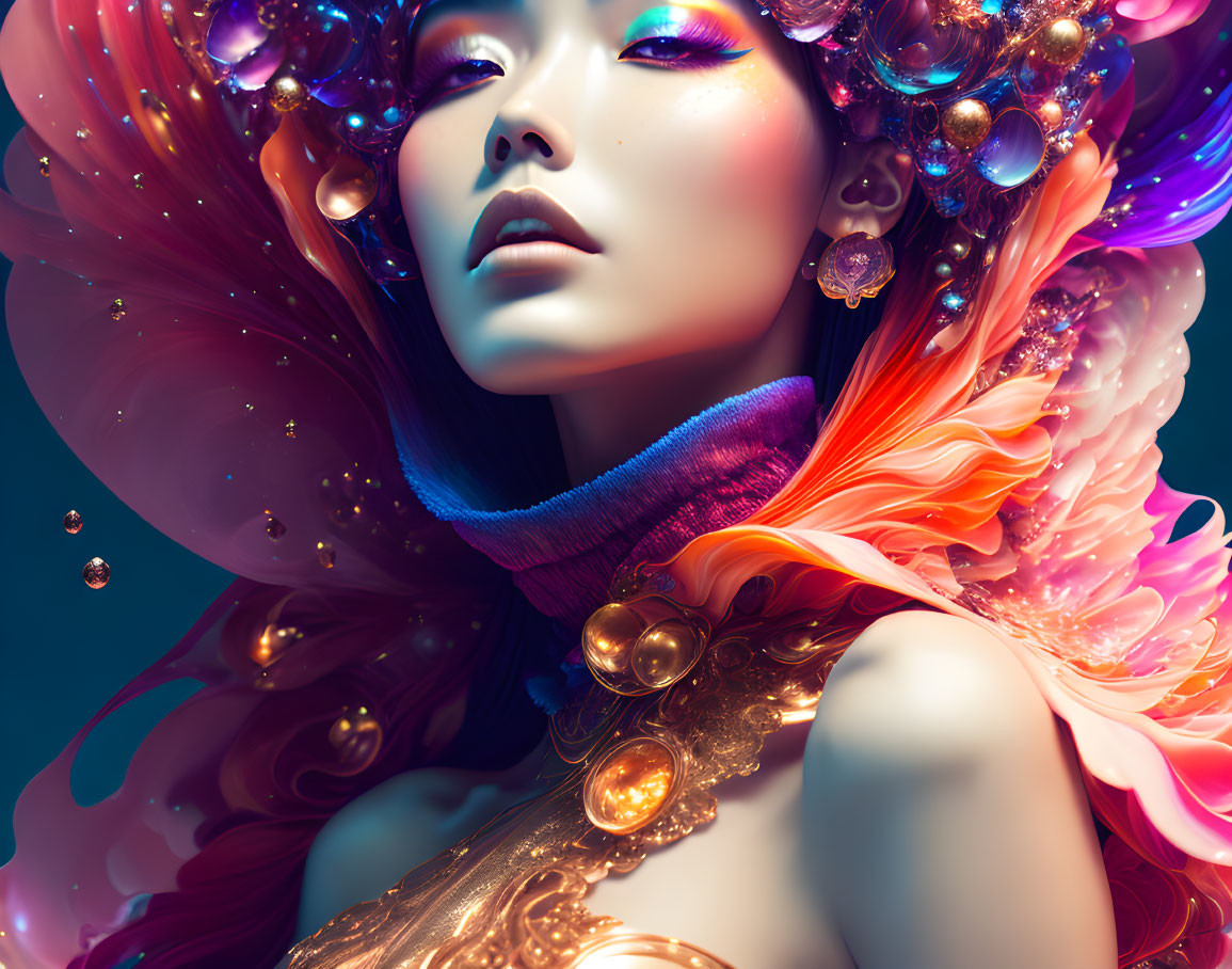 Colorful digital portrait of a woman with flowing hair and beads, bubbles, and petals on a blue