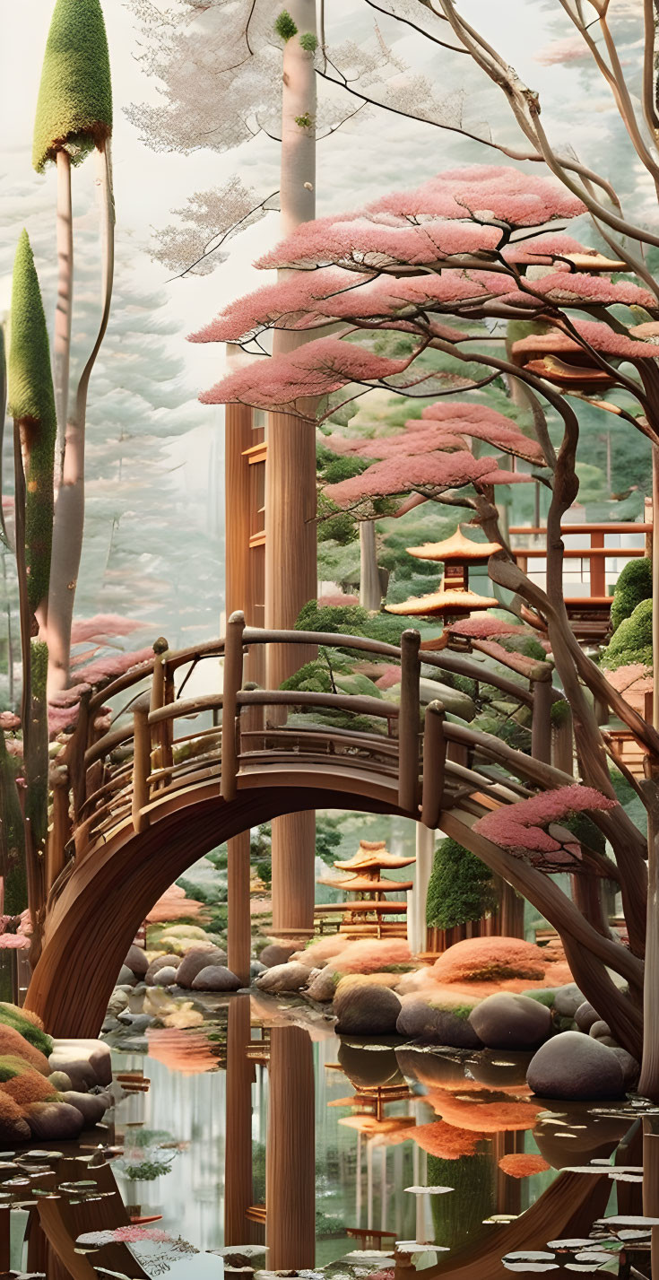 Tranquil Japanese garden with wooden bridge, cherry blossoms, pond & traditional structures