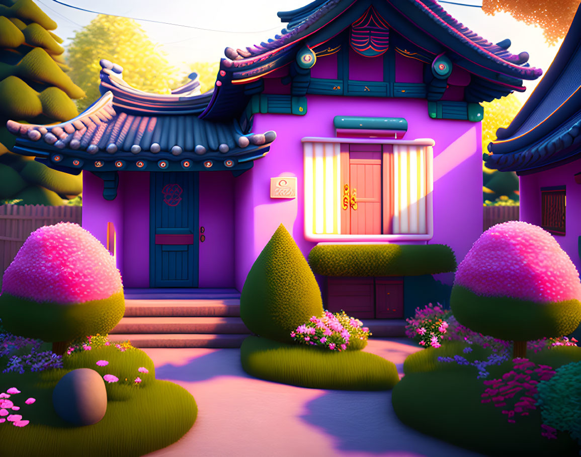 Vibrant Asian-style building with colorful landscaping at sunset