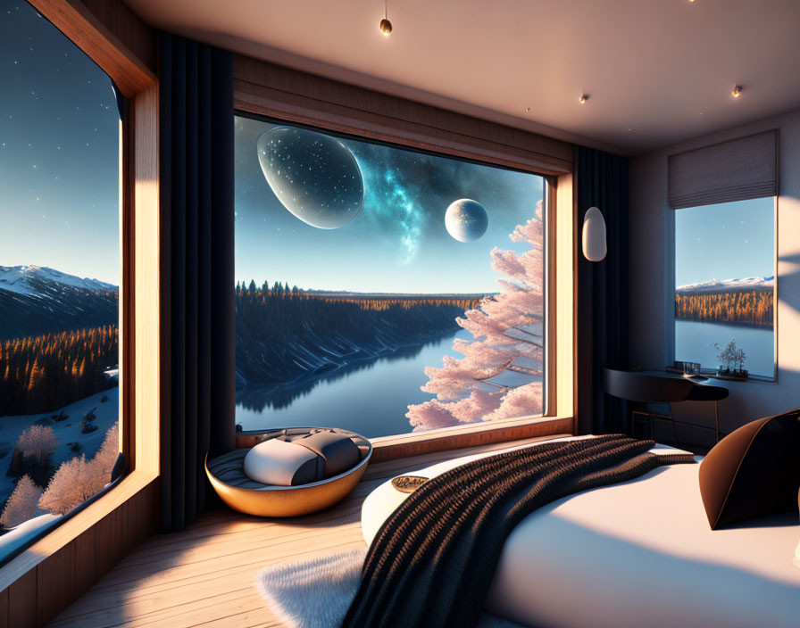 Modern Bedroom with Large Window Overlooking Lake, Cherry Blossoms, and Surreal Night Sky