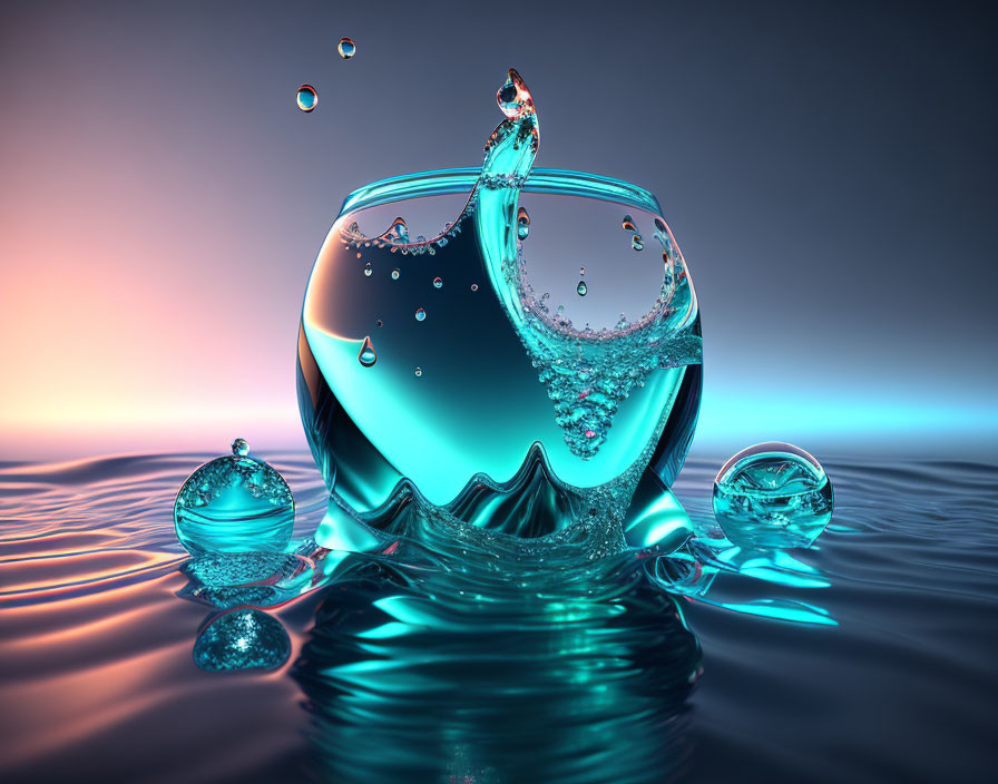 Detailed 3D rendering of water droplets splashing on reflective surface