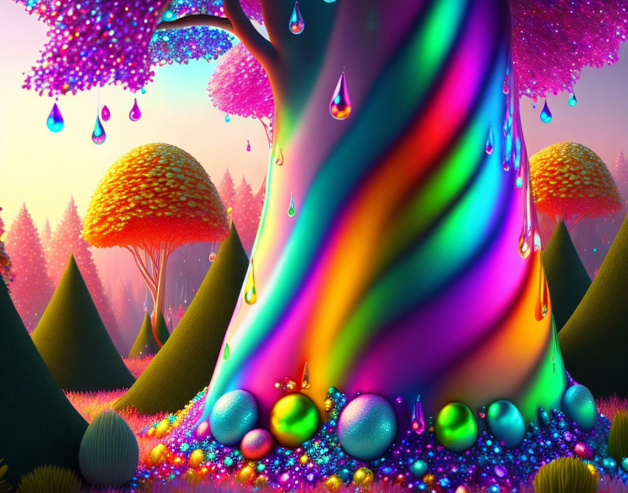 Colorful surreal landscape with rainbow tree trunk and whimsical foliage