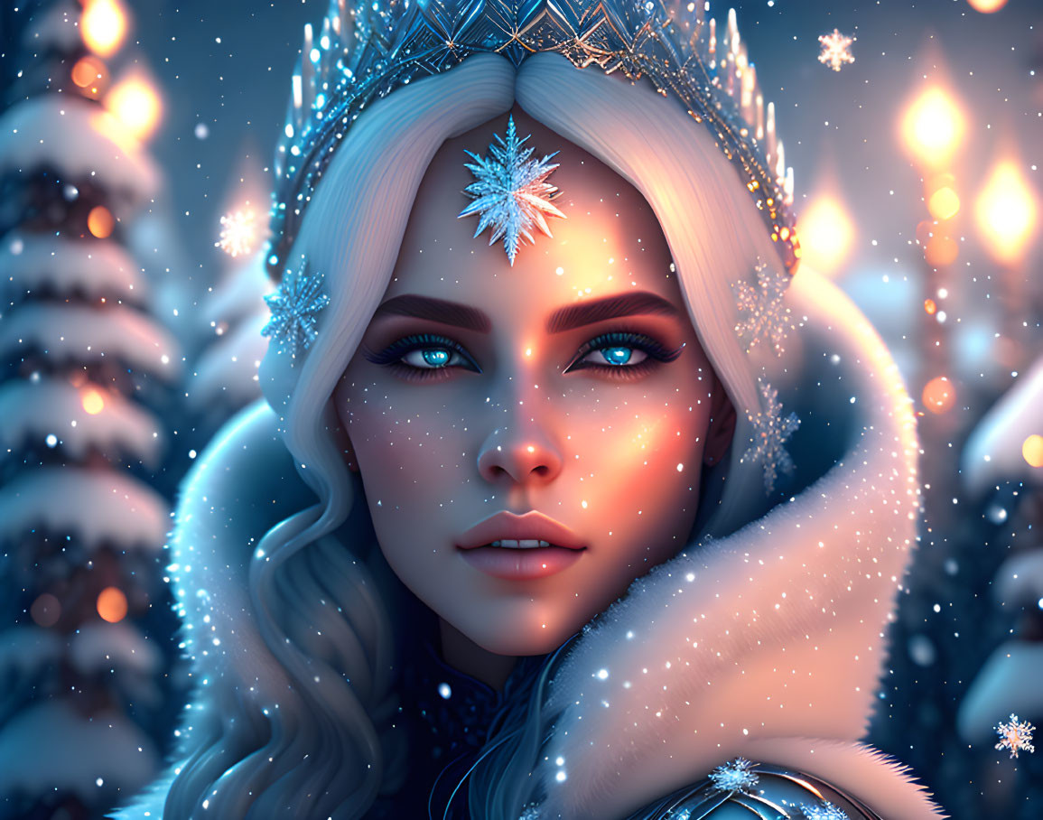 Blonde Woman with Snowflake Crown in Snowy Scene