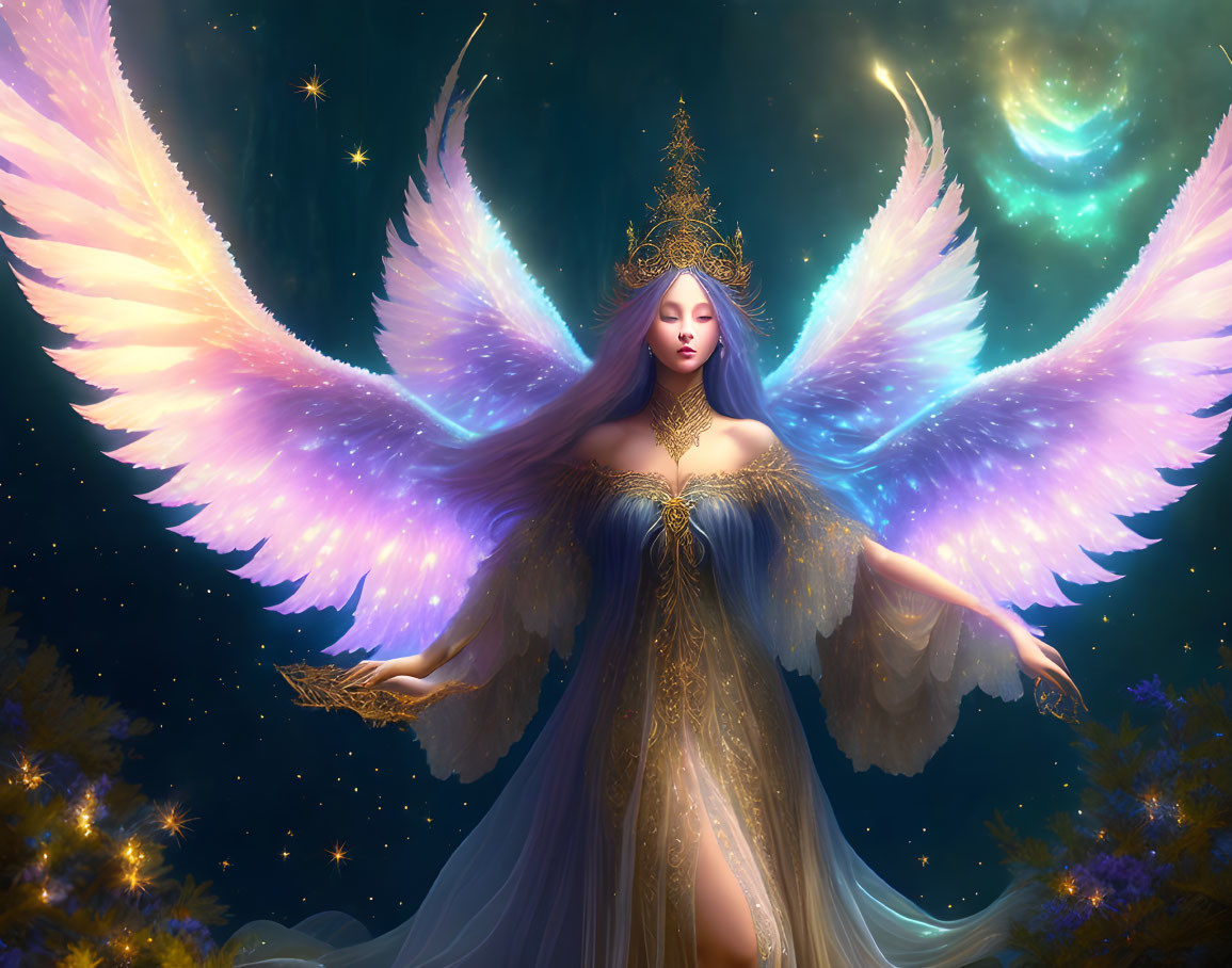 Majestic fantasy figure with iridescent wings in celestial attire