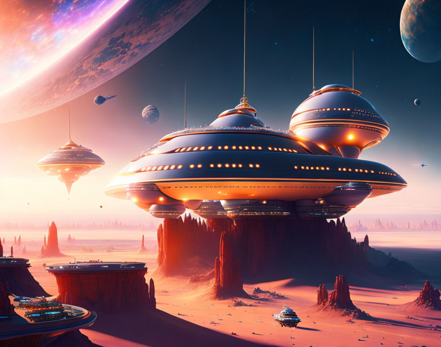 Futuristic city on alien planet with flying saucers and towering platforms