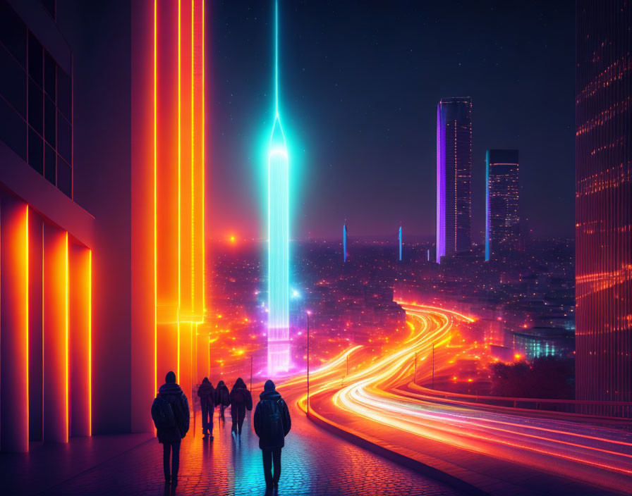 Group of People Walking to Futuristic City with Neon Lights