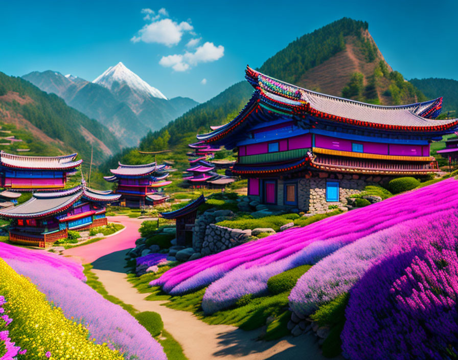 Colorful Korean-style buildings with purple flowers in mountain landscape