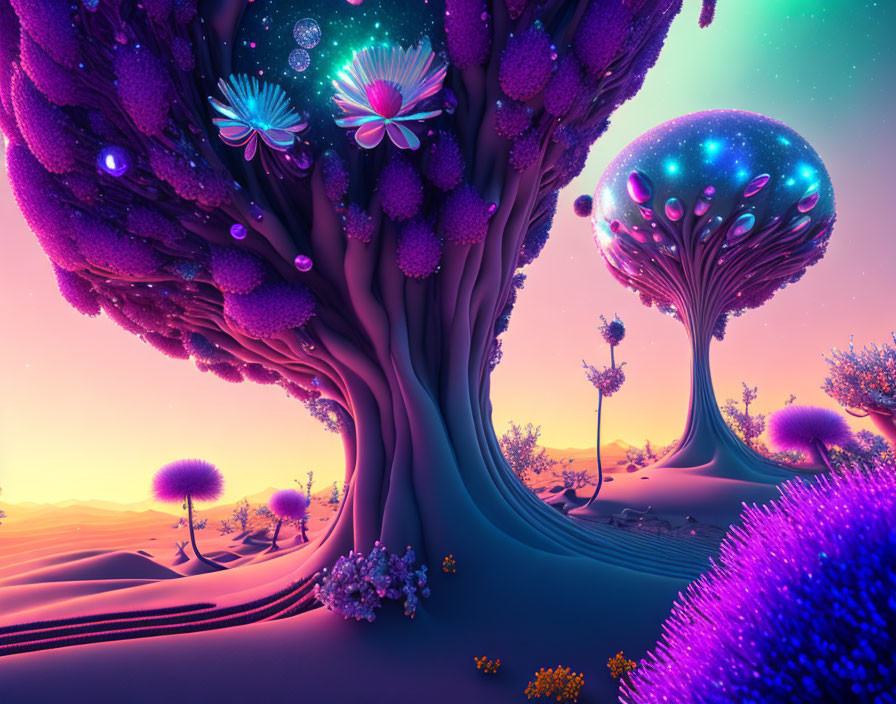 Vibrant surreal landscape with oversized glowing psychedelic trees