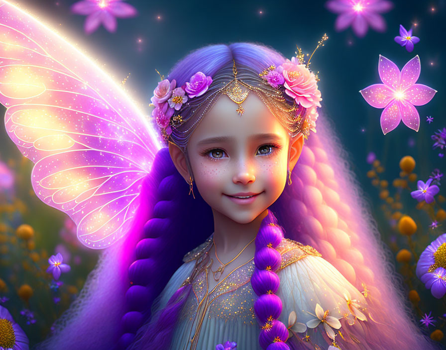 Digital Art: Young Girl with Butterfly Wings in Enchanted Garden