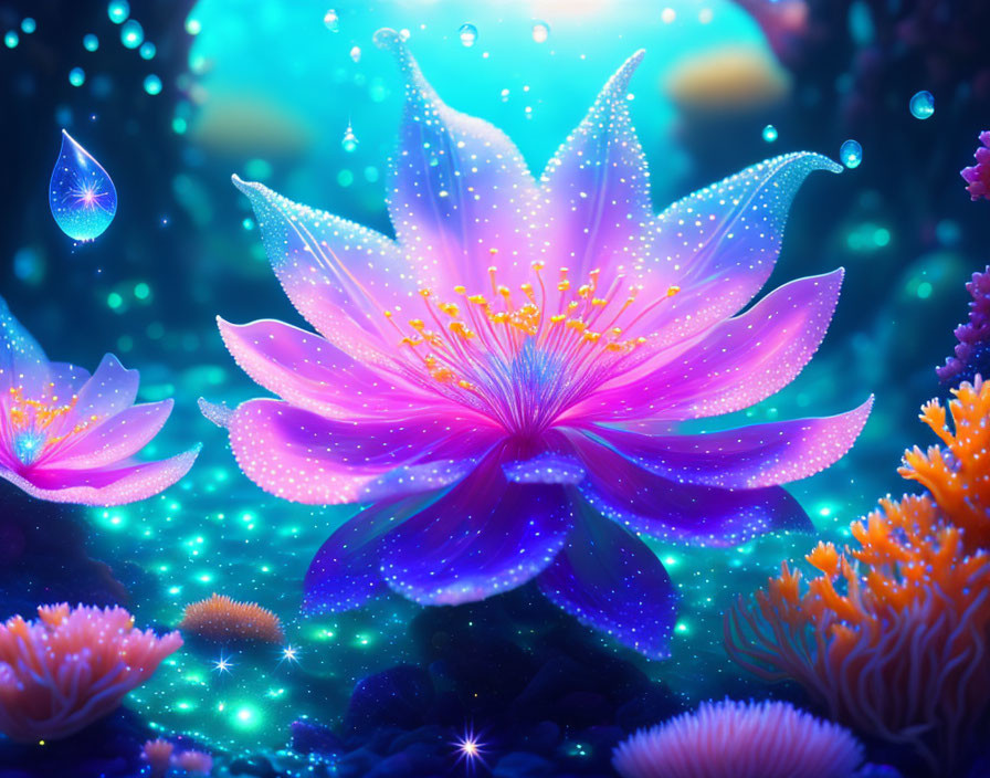 Luminous digital art: magical flowers, glowing particles, undersea corals