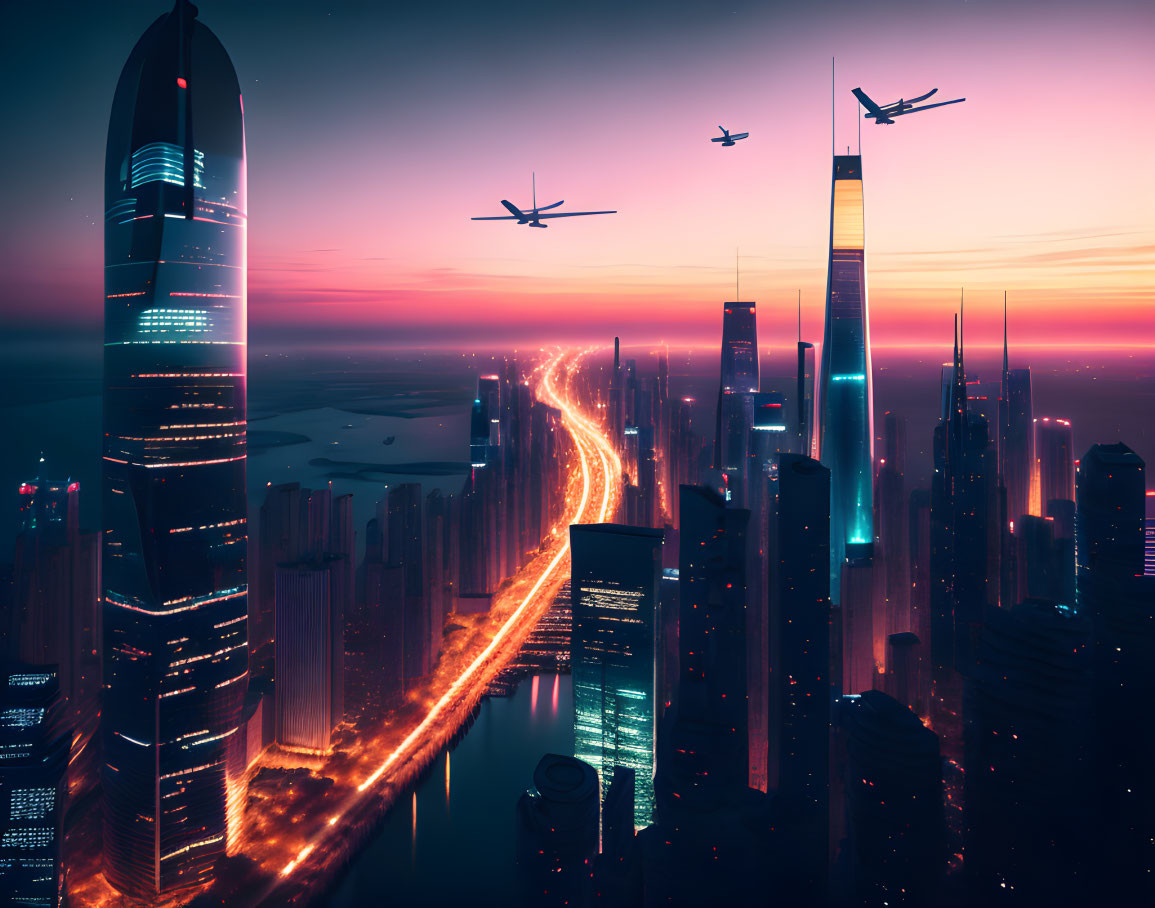 Futuristic cityscape at dusk with neon lights and skyscrapers