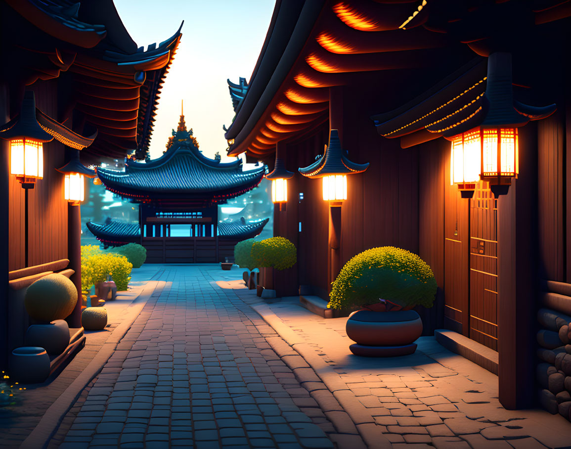 Traditional Asian street at dusk with lit lanterns and temple rooftops.