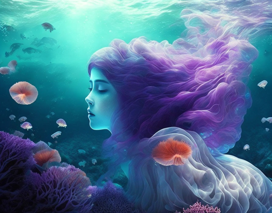 Surreal underwater scene with serene woman and purple hair among marine life