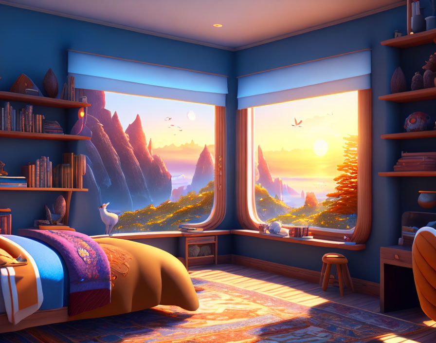 Sunset-themed room with ocean view, rock formations, bed, and seagull.