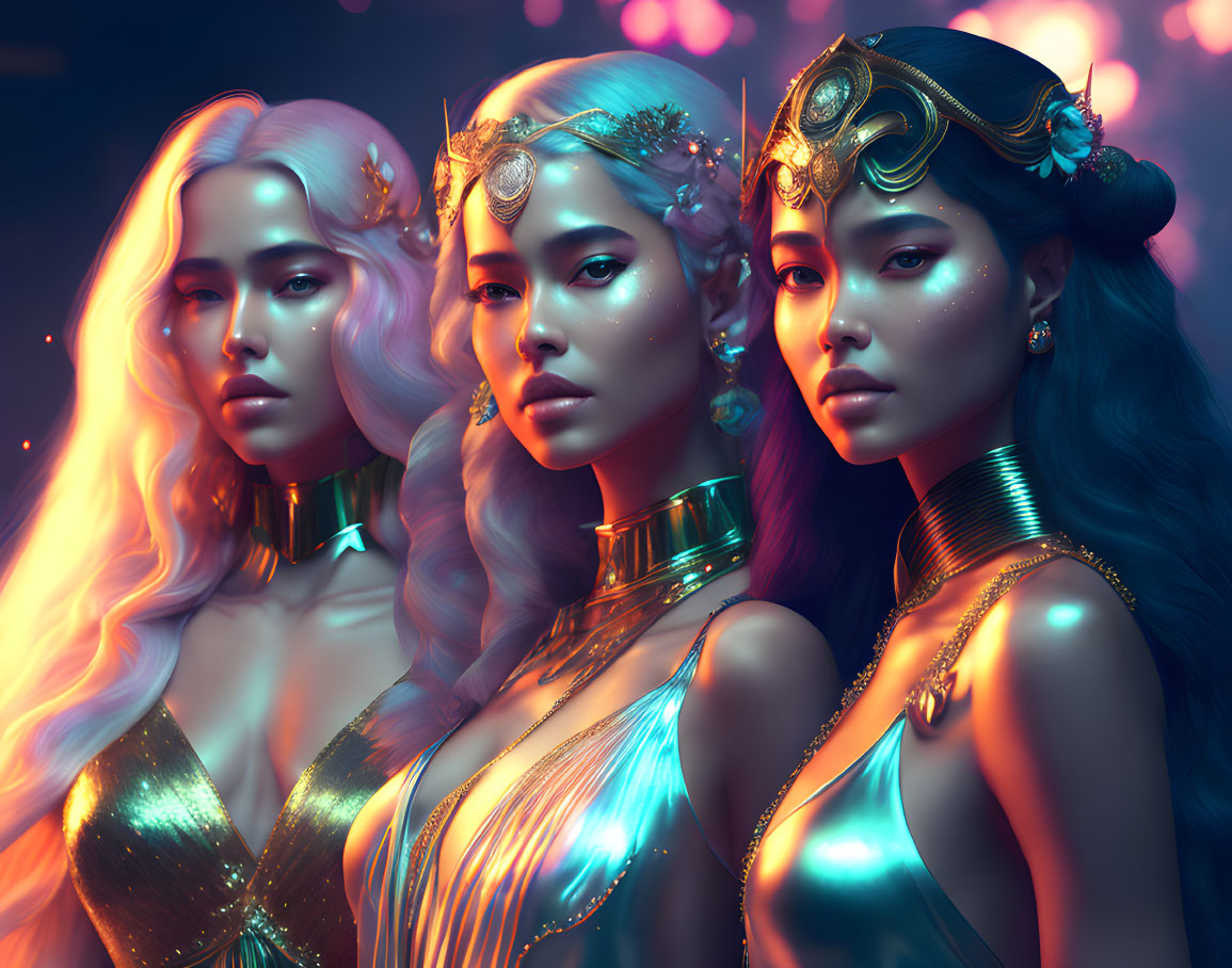 Ethereal glow: Three stylized women in golden accessories on neon-lit backdrop