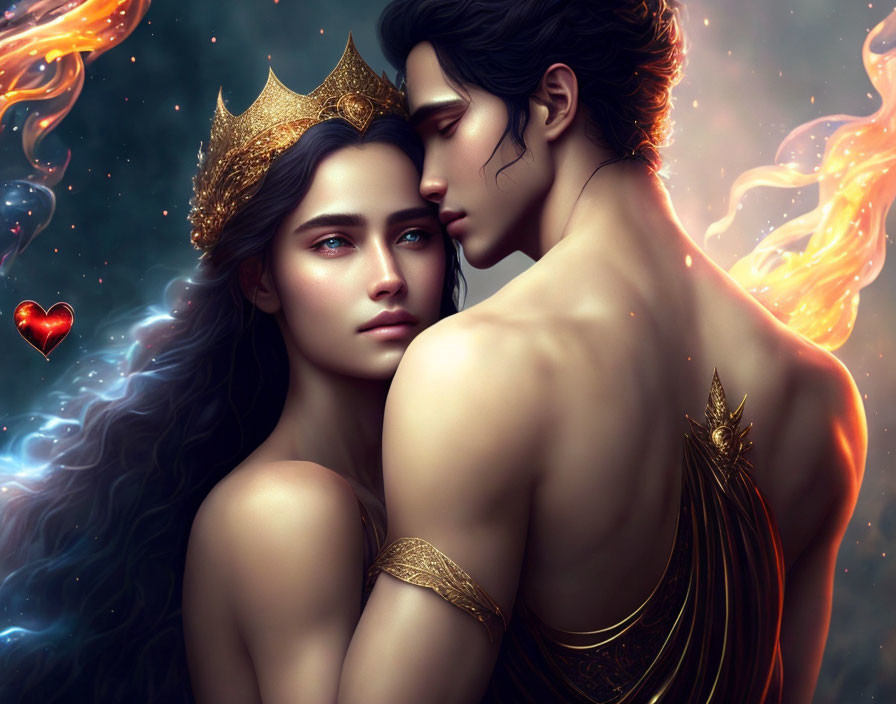 Fantasy royal couple embrace in cosmic setting