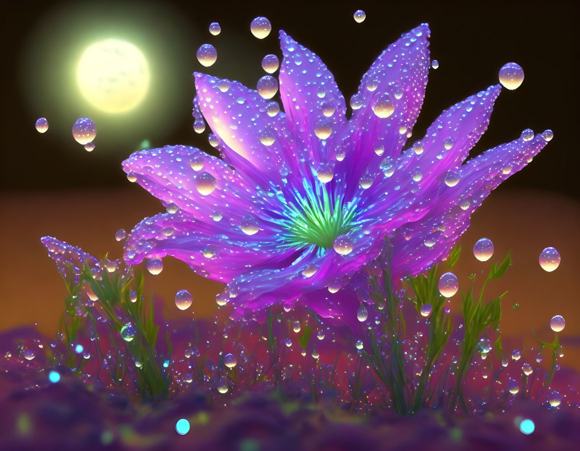 Purple flower in moonlight with suspended water droplets