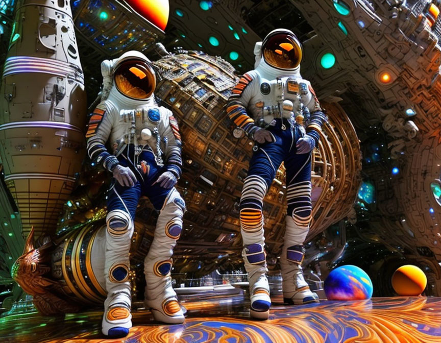 Astronauts in detailed spacesuits on futuristic spacecraft among colorful planets