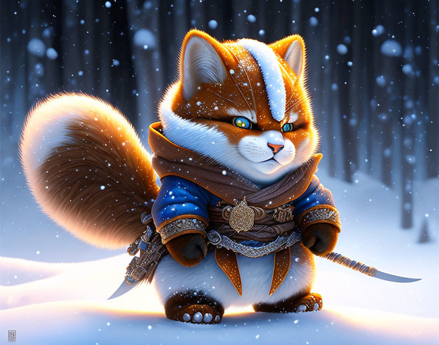 Anthropomorphic warrior cat in medieval armor in snowy landscape