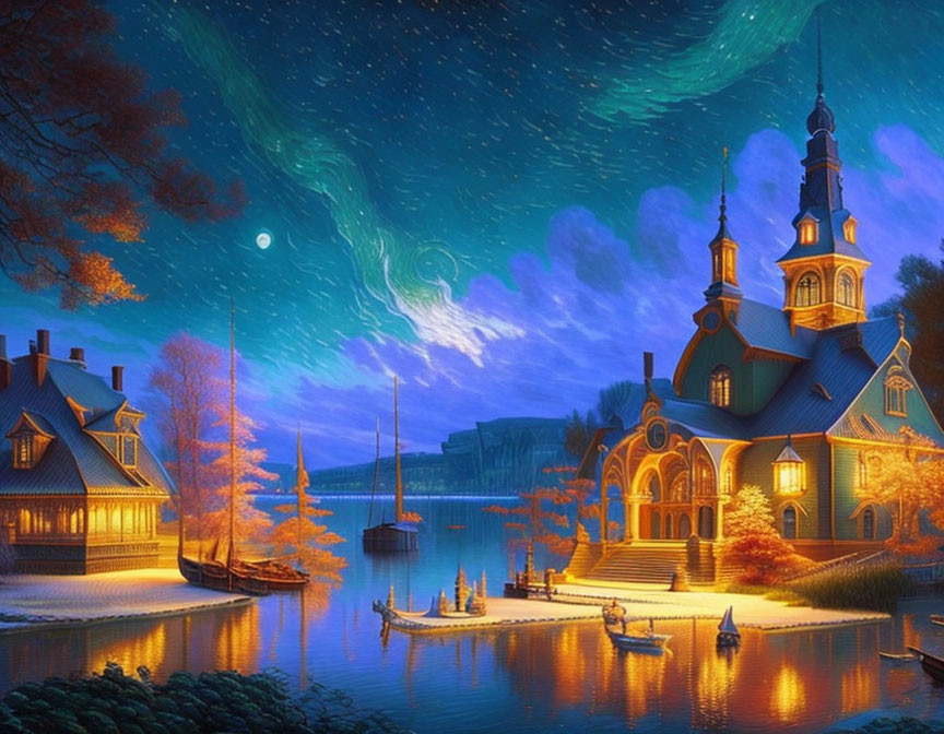 Luminous ornate building by serene lake under starry night sky