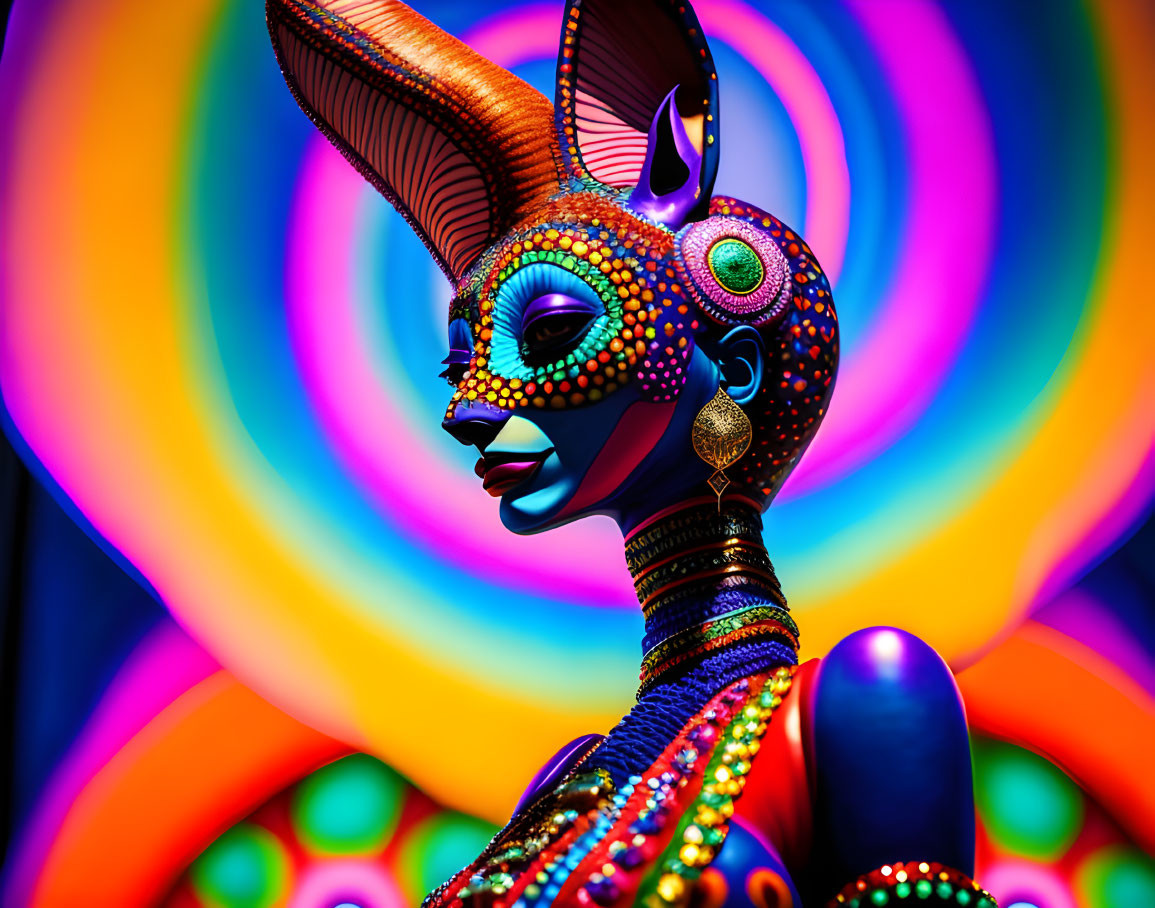 Colorful Stylized Figure with Decorative Headdress on Psychedelic Background