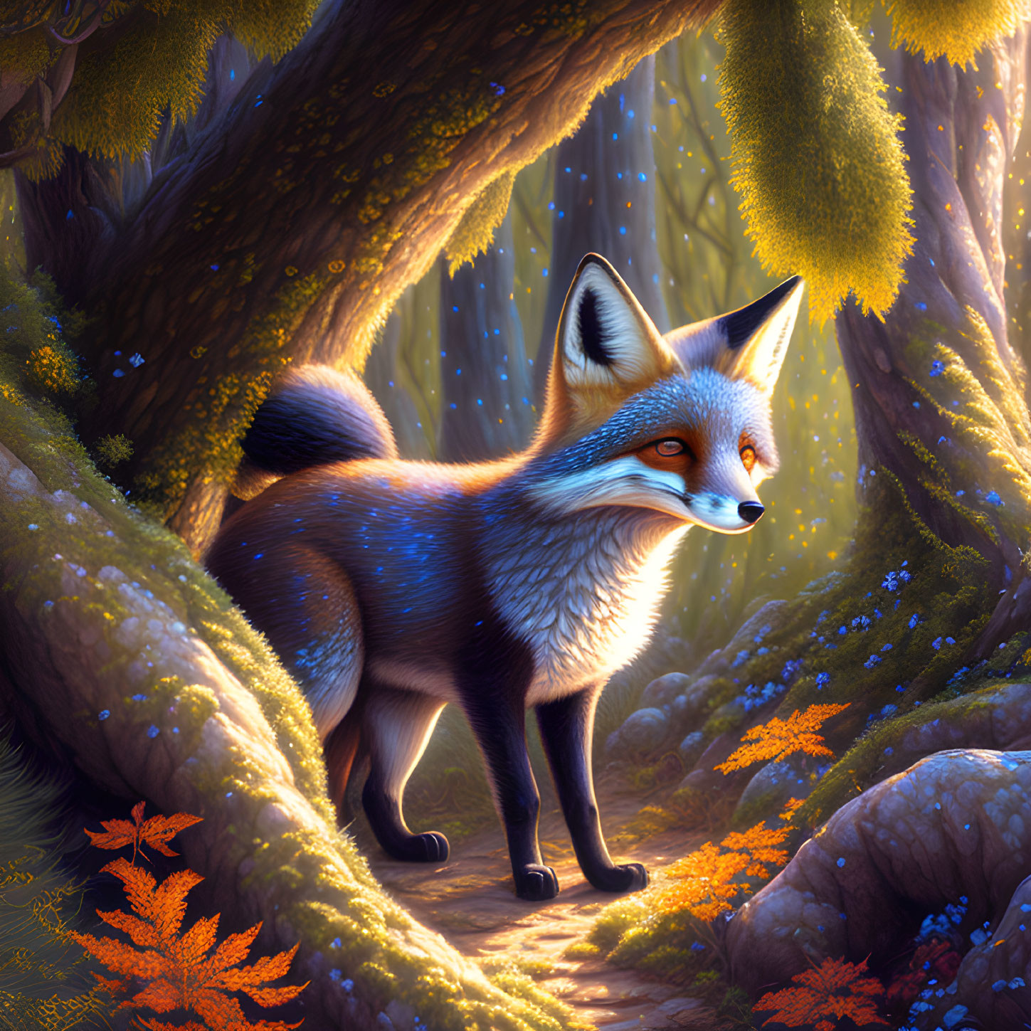 Enchanted forest scene: Fox under golden sunlight, mossy ground.