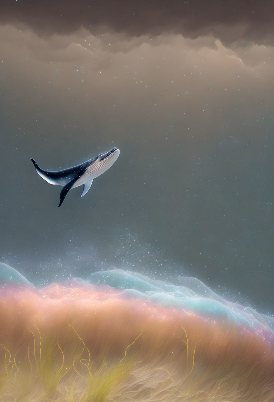 Humpback whale flying over colorful fantasy landscape under starry stormy sky