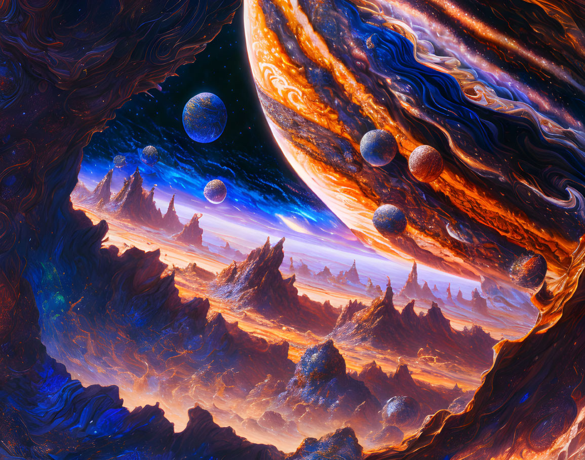 Colorful cosmic painting with orange and blue swirls of planets, asteroids, and starry nebula