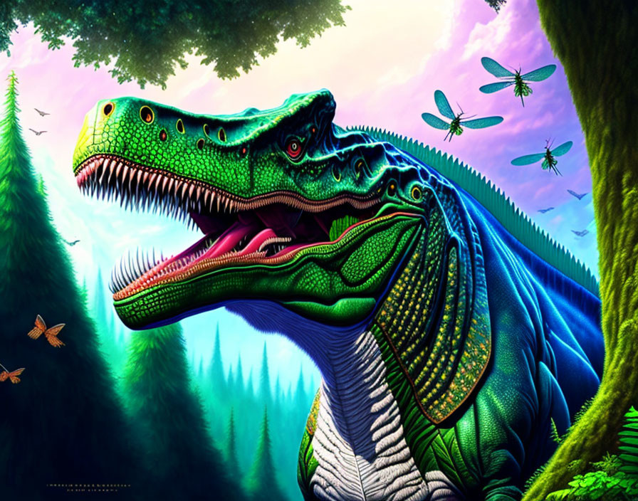 Detailed Dinosaur Art: Green T-Rex Head in Prehistoric Forest