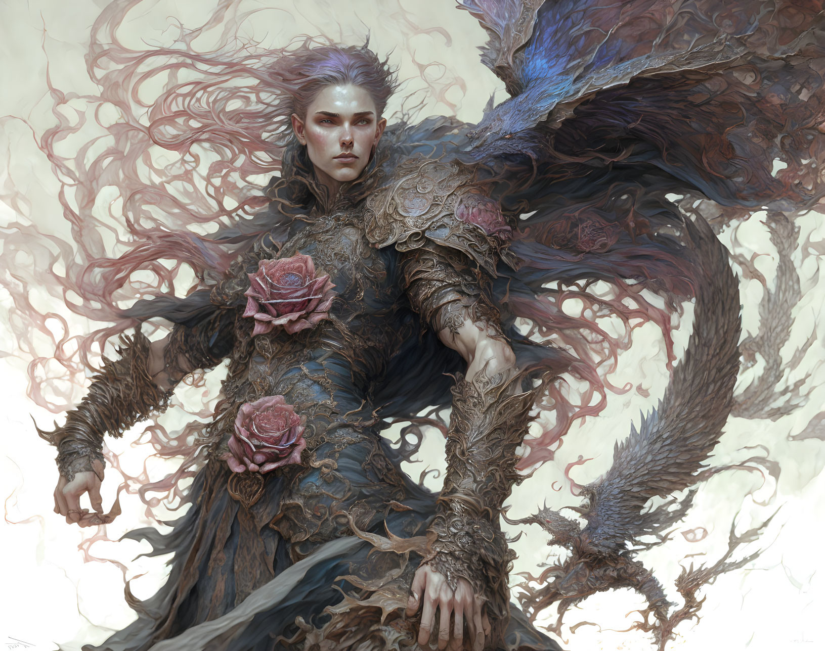 Ethereal figure in rose-adorned armor with crow-like wing in mist swirls