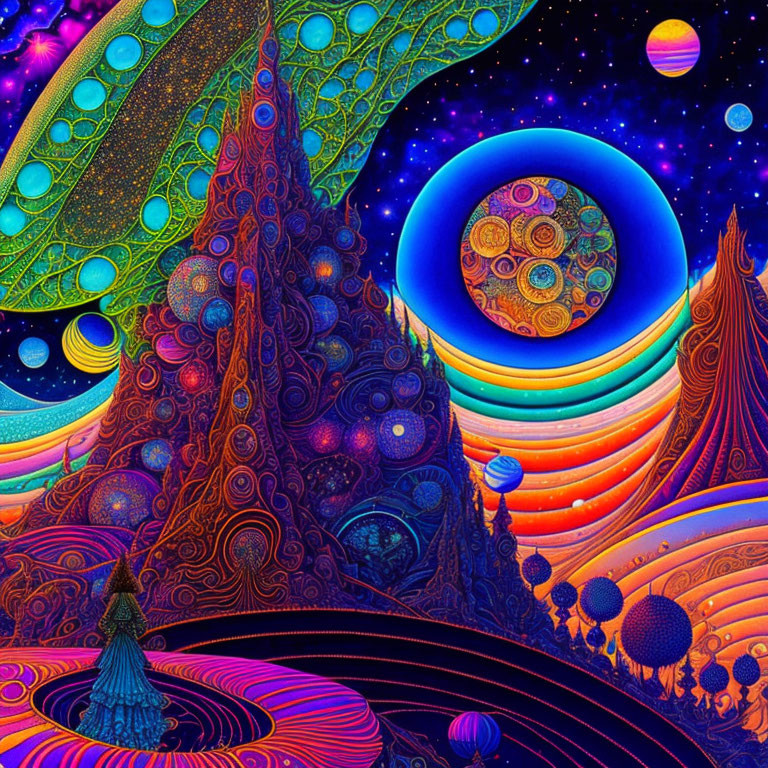 Colorful Psychedelic Landscape with Celestial Bodies and Fantastical Structures