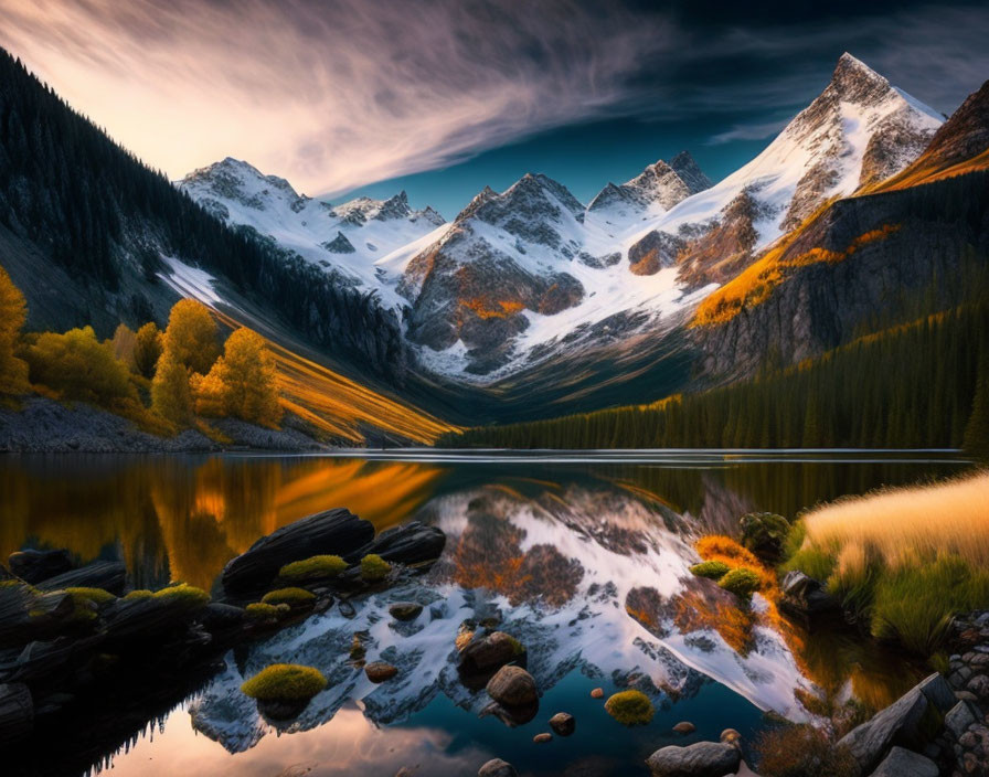 Snow-capped mountain peaks reflected in calm lake amidst vibrant autumn foliage