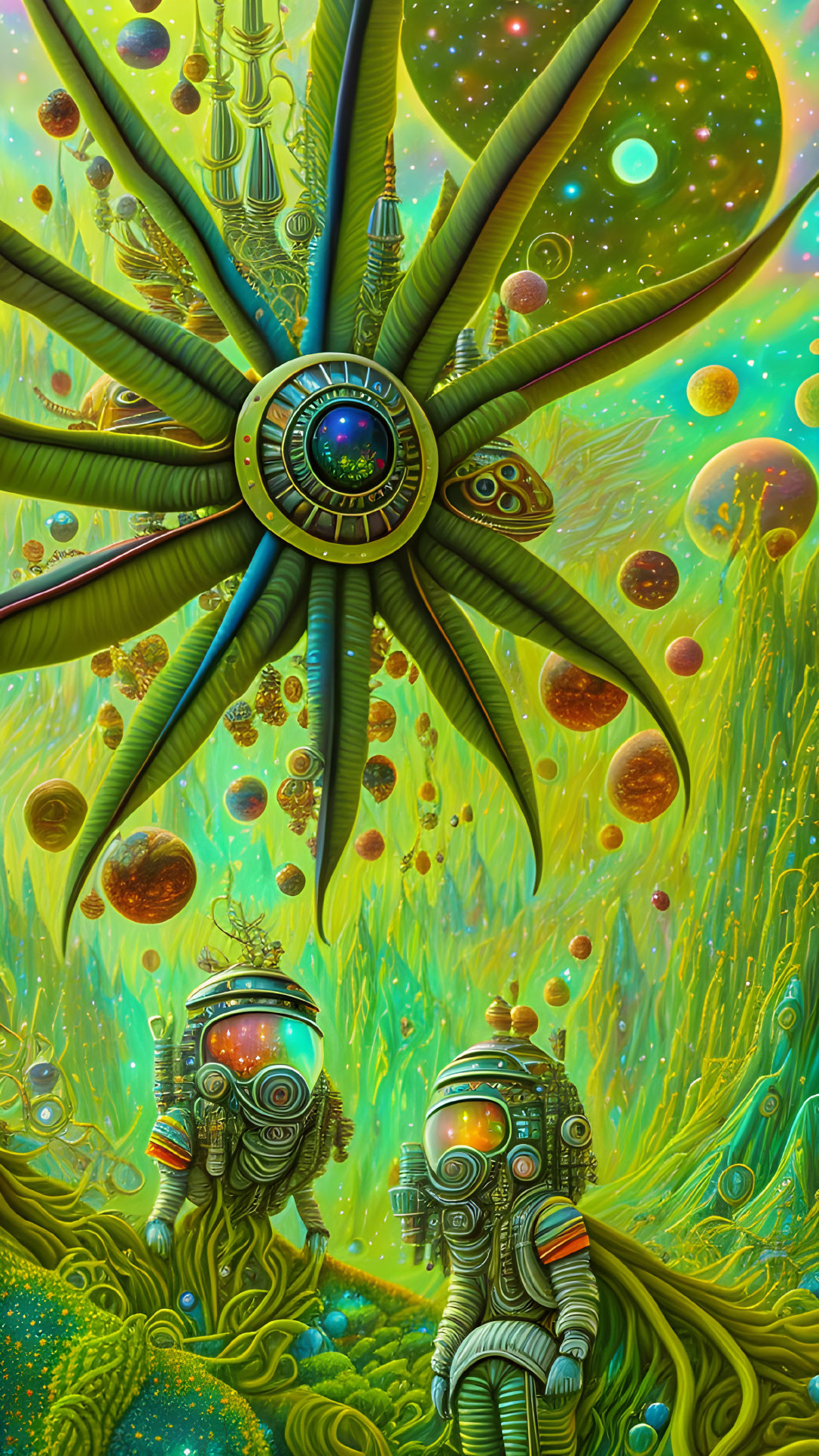 Vibrant sci-fi scene: astronauts and alien flower in psychedelic setting