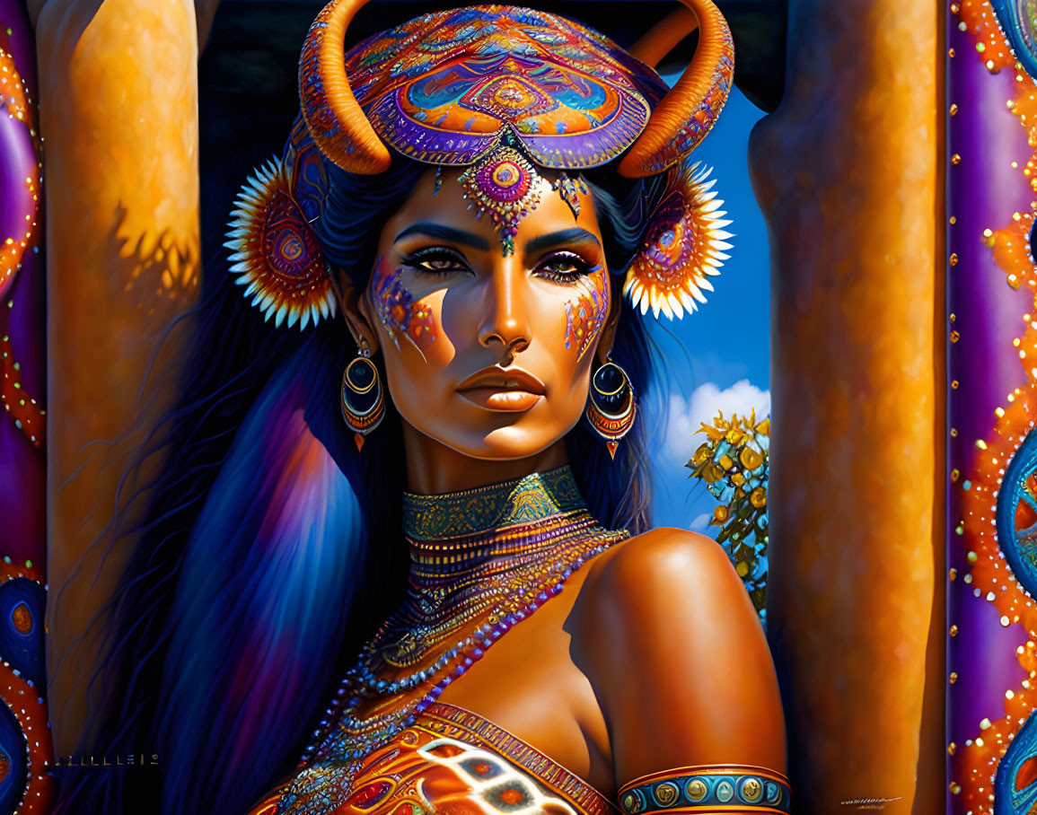 Colorful artwork of woman with blue hair and gold patterns by ornate columns