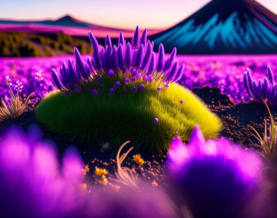 Majestic mountain silhouette against vibrant purple flowers