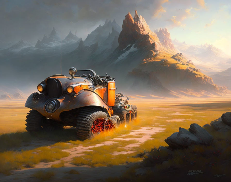 Futuristic vehicle with tank treads in desert landscape at sunrise