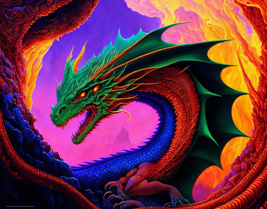 Colorful Illustration: Green and Blue Dragon in Fiery Flames